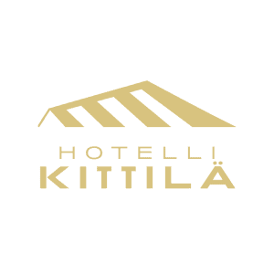 Hotelli Kittilän kultainen logo, tehnyt Louru Oy. Logo kuvastaa hotellin katon erikoista muotoilua ja alla logossa lukee hotelli kittilä.